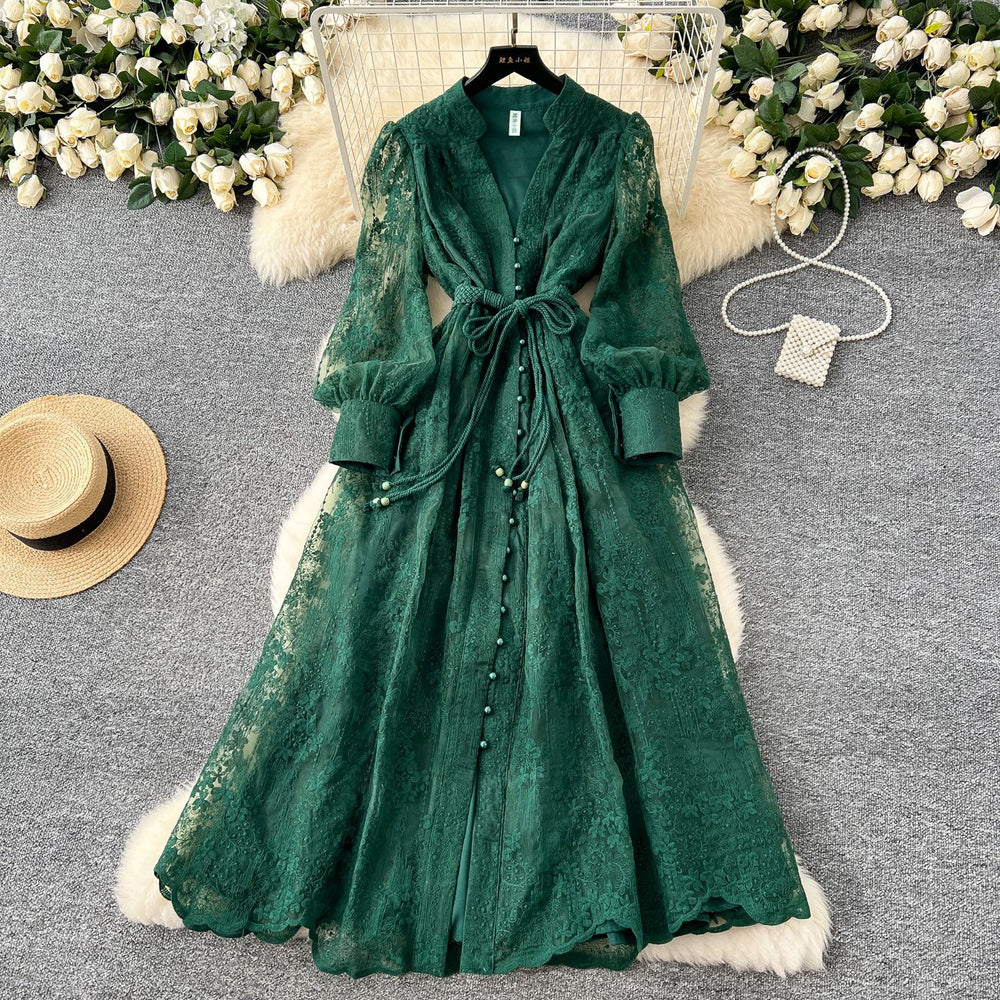 French high-end women's dress - spring  collection: cinched waist, exquisite embroidery, v-neck, lantern sleeves, single-breasted long dress