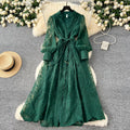 French high-end women's dress - spring  collection: cinched waist, exquisite embroidery, v-neck, lantern sleeves, single-breasted long dress