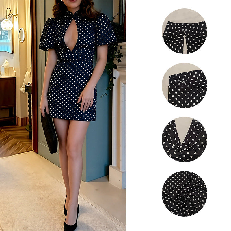 european and american export women's clothing: new summer fashion elegant stand collar hollow-out short sleeve polka dot waist-defining dress