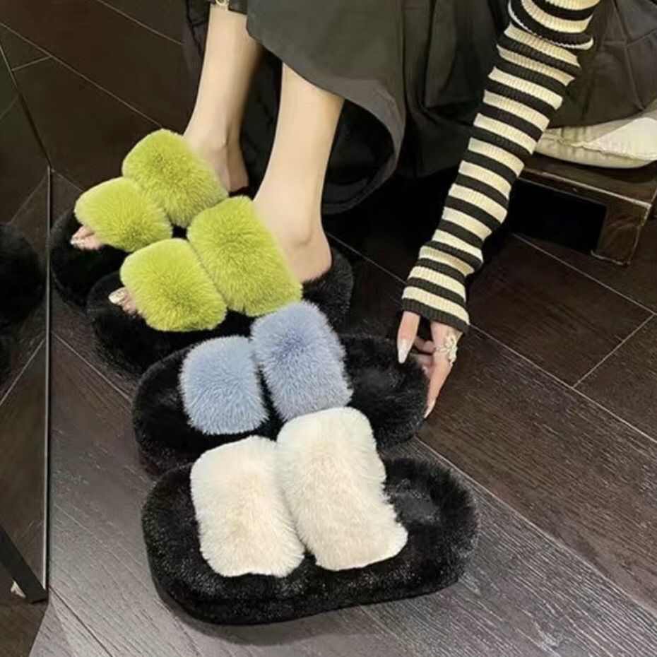 Thick sole cross strap furry slippers for women fall and winteroutwear2024new arrivalplatform shoesthick soleincrease soft bottomfor home cotton slippers