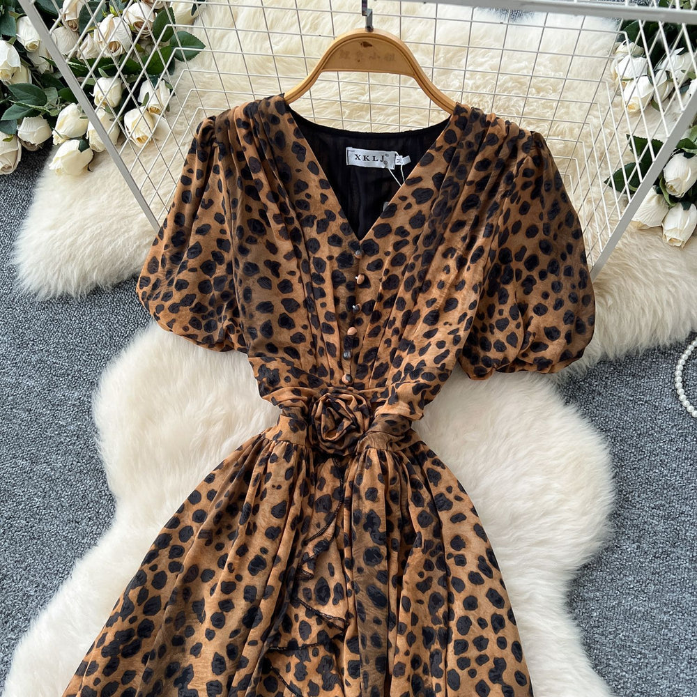 French chic high-end women's dress -  summer collection: 3d floral appliqué, ruffle hem, cinched waist, puff sleeves, printed maxi dress