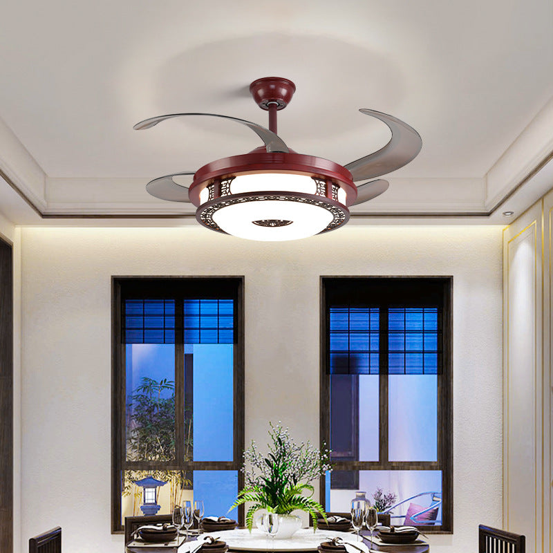 Wood art frequency conversion restaurant invisible ceiling fan light living room lamp solid wood 42 inch 48 Chinese style mahogany Chinese fan light