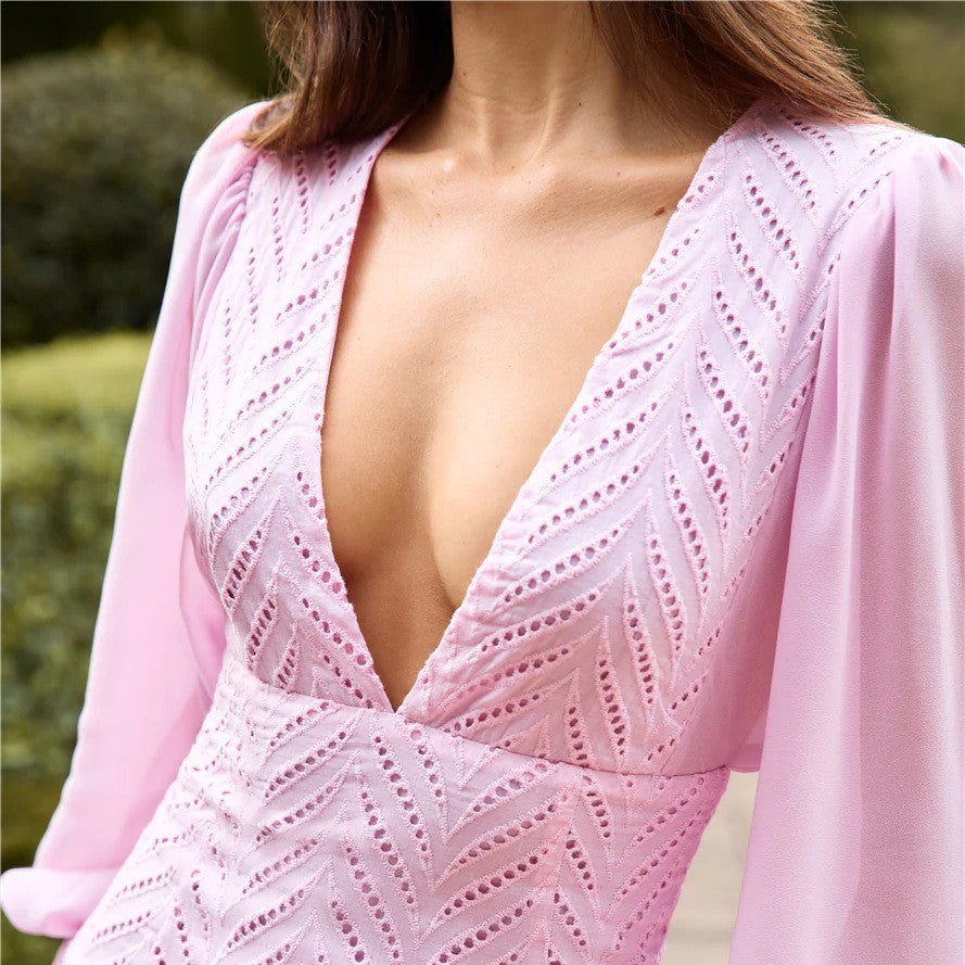 2025 spring/summer elegant slimming lantern sleeve deep v-neck long sleeve cutout fashionable sexy high-waisted mini dress