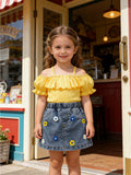 cross-border baby & toddler girl's country style off-the-shoulder ruffle cami top + embroidered denim mini skirt set