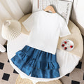 Girls' summer outfit: new fashionable design with pearl bow short-sleeve top and ruffle wide-leg shorts (size 26)