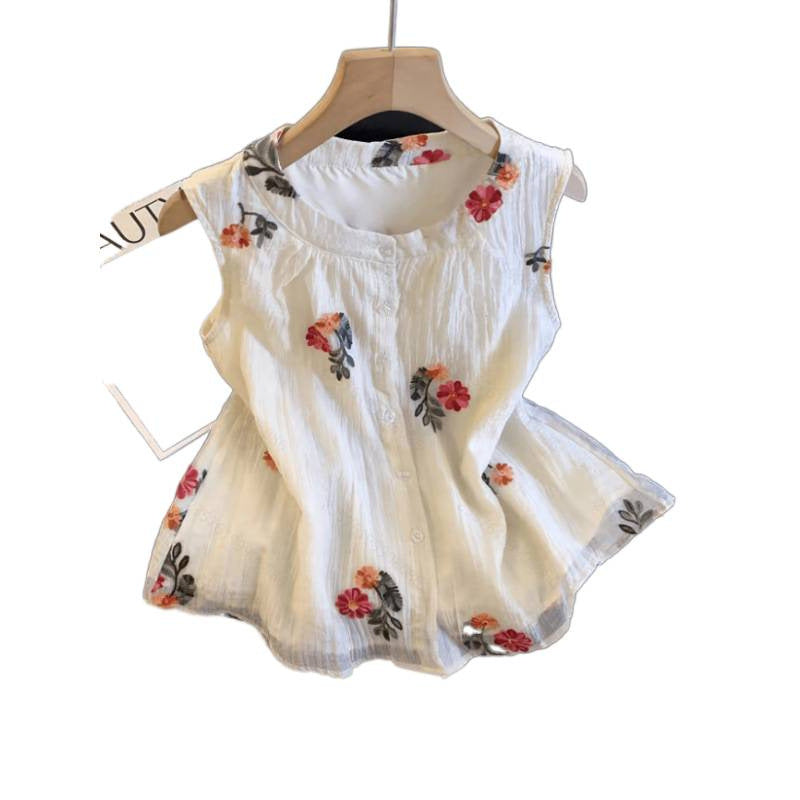 Women's new summer french chic embroidered sleeveless blouse with open front and collar – perfect for office and commuting