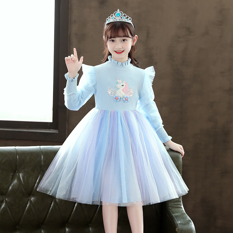 Girls' stylish dress elsa princess dress  new autumn and winter knitted sweater children's skirt mesh gradient