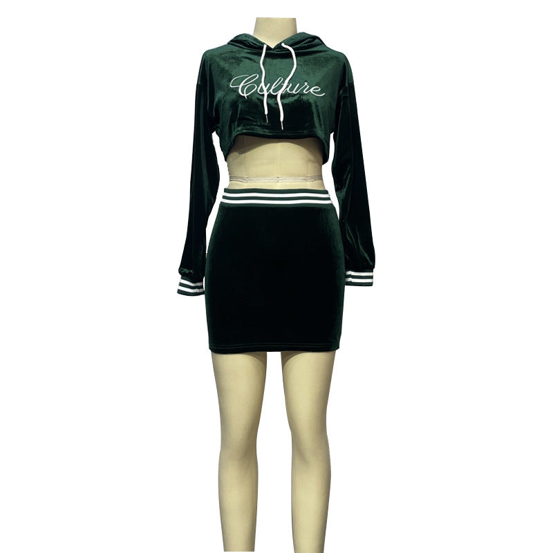 Hooded long sleeves gold velvet navel-baring letter embroidertops elastic short skirt two-piece set hot girl fashion skirt suit