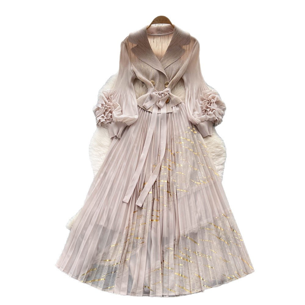Miya european and american dress women's 2025 autumn tie-waist collared 3d floral lantern sleeve pleated maxi dress