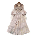 Miya european and american dress women's 2025 autumn tie-waist collared 3d floral lantern sleeve pleated maxi dress