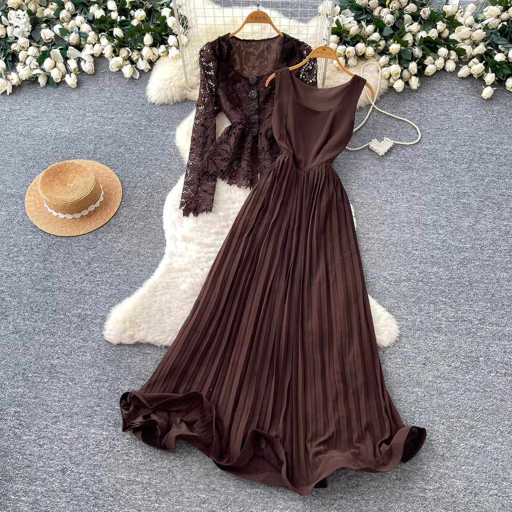 French chic v-neck lace top & high-waisted tank pleated dress two-piece set - autumn elegant & luxe