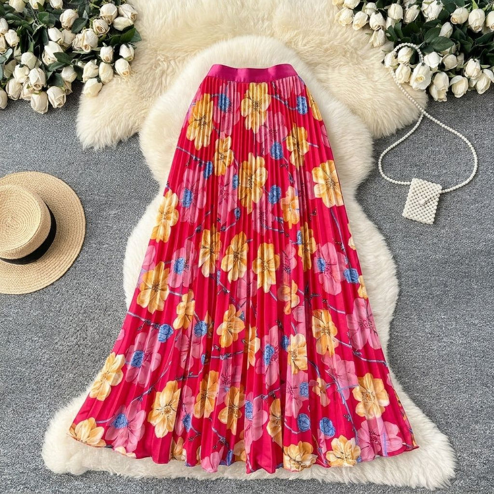 Vintage print pleated elastic waist fashion skirt - women's high-waisted a-line skirt - commute-friendly, flowy maxi skirt for summer