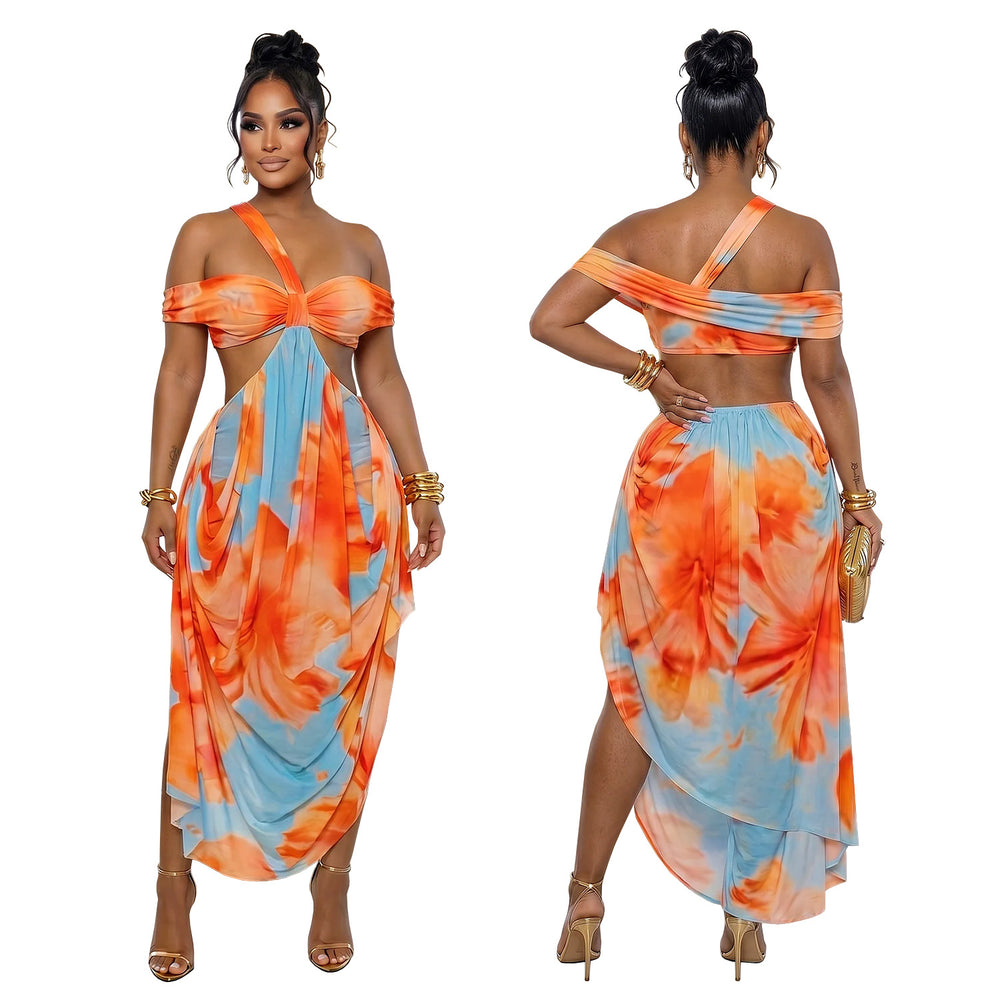 C7731 cross-border    new women's mid-summer sexy chic beach print dress