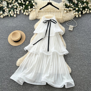 French white sleeveless dress women's bow ruffles elegant long dress high-end fairy dress  summer