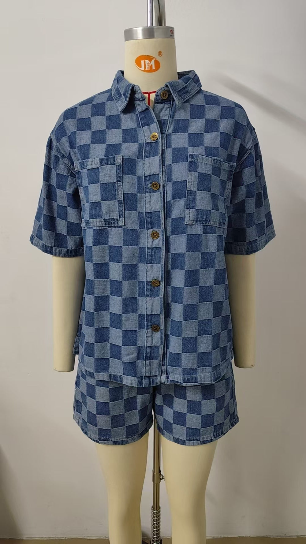Fashion cross-border women's summer new arrival  thin washed casualloose denim plaid shirt short-sleeved suit