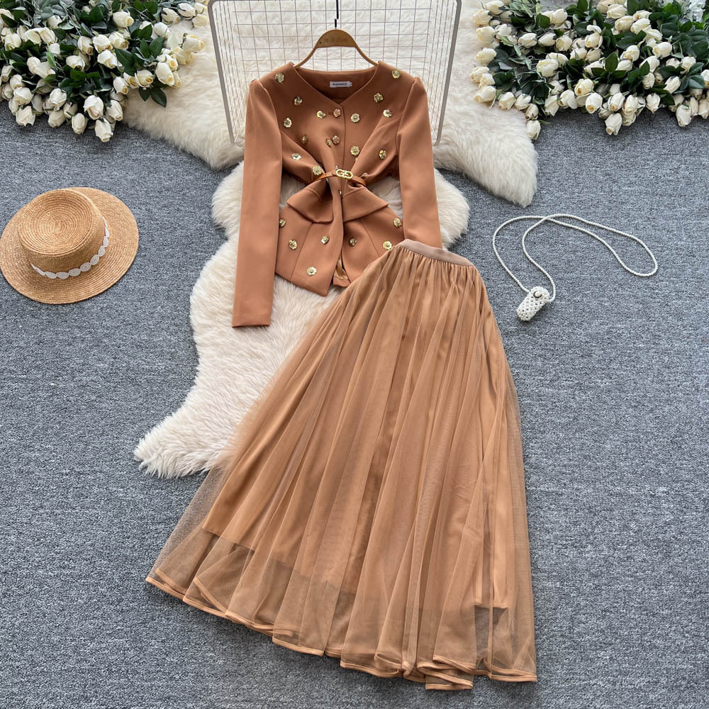 fashionspring & fallelegancesuit women's metal nail diamond long sleeves suit outwear + high waist mesh half length skirt