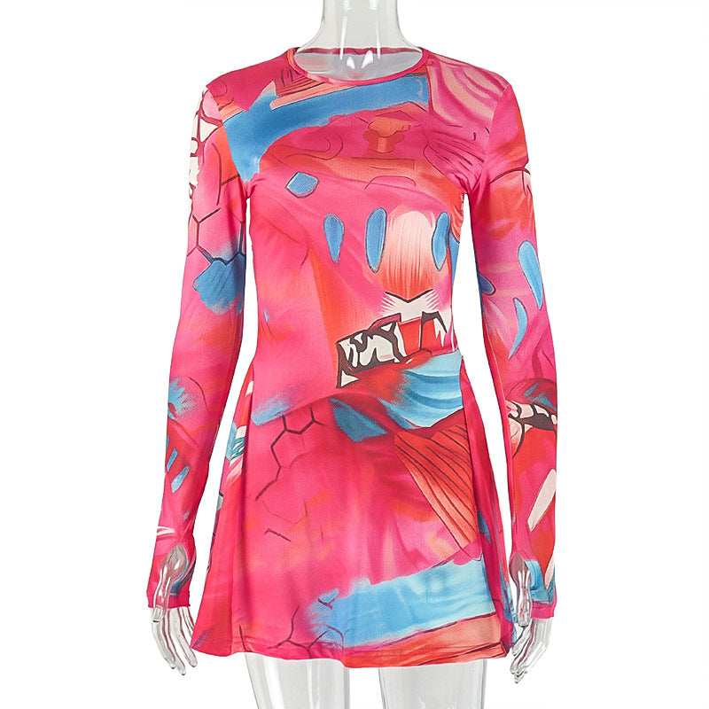European and american style ins cross-border niche stylish women's printed color matching a-line skirt round neck long sleeves fashionshortdress
