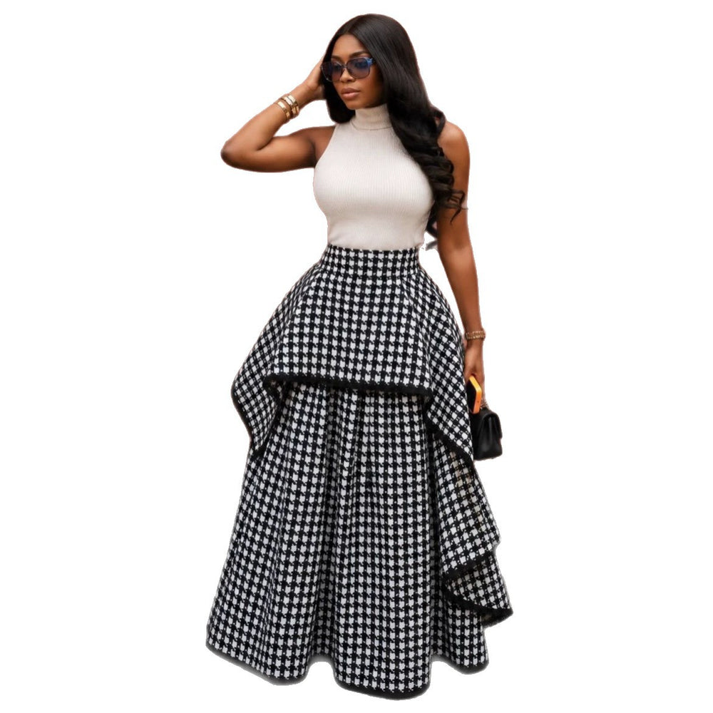 European and american cross-border african women's fashion  summer new style: trendy plaid design, slimming a-line long midi skirt