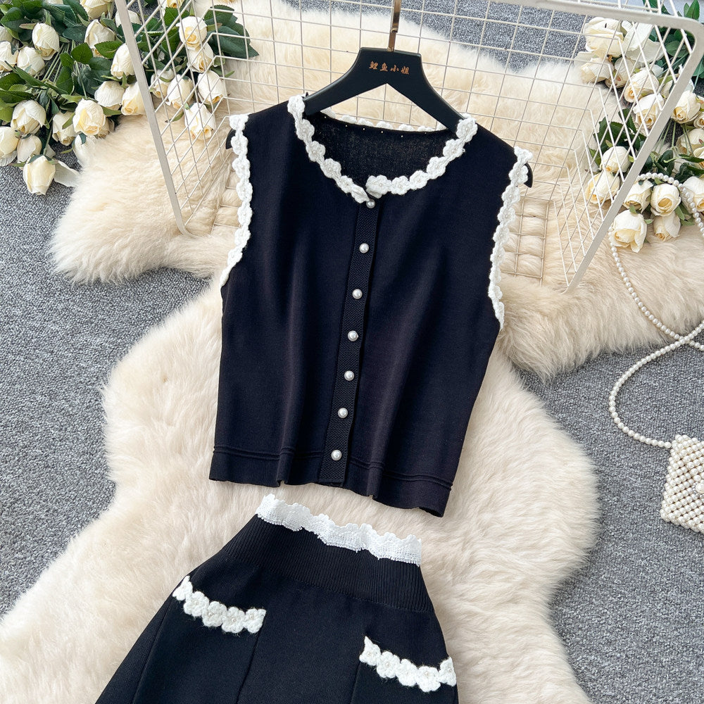French chic lace trim sleeveless tank top & high-waisted midi skirt set -  summer collection - elegant knit two-piece