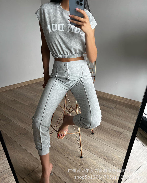 Spot 2022 Women's Fashion Crew Neck Printed Sleeveless Top + Pants Set