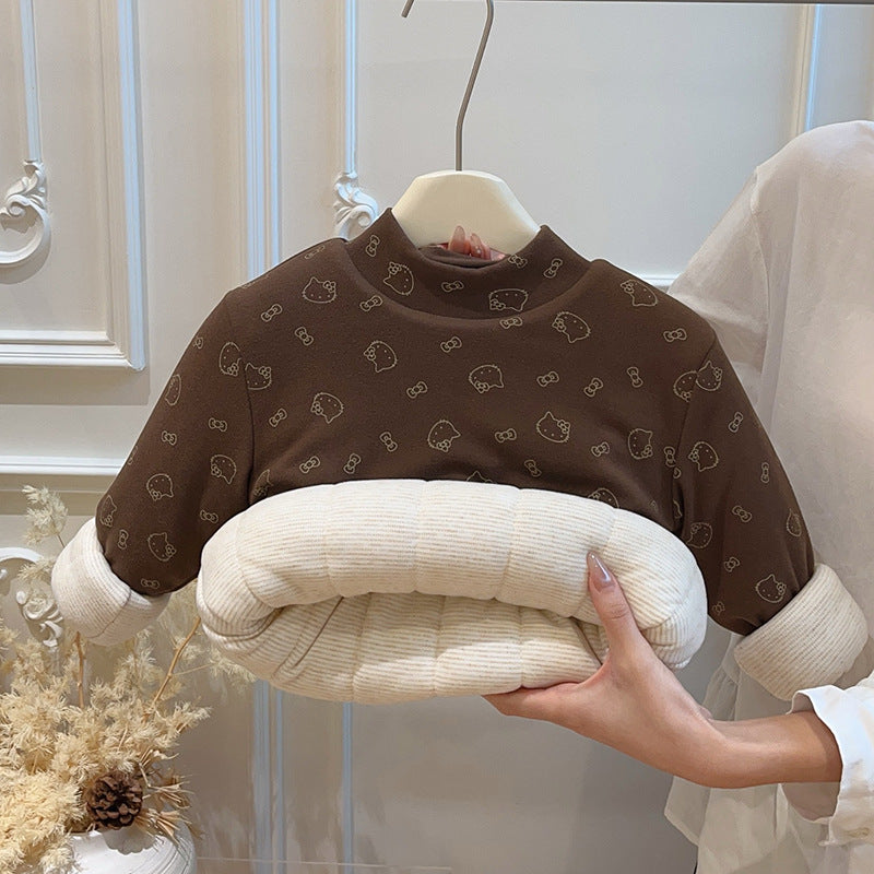 Girls' autumn/winter three-layer quilted padded base layer top, baby girl long-sleeve top, base layer shirt, children's sweatshirt, kids' clothing