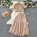 French retro court style two-piece set: women's loose-fit crochet lace patchwork short-sleeve top and high-waisted midi skirt