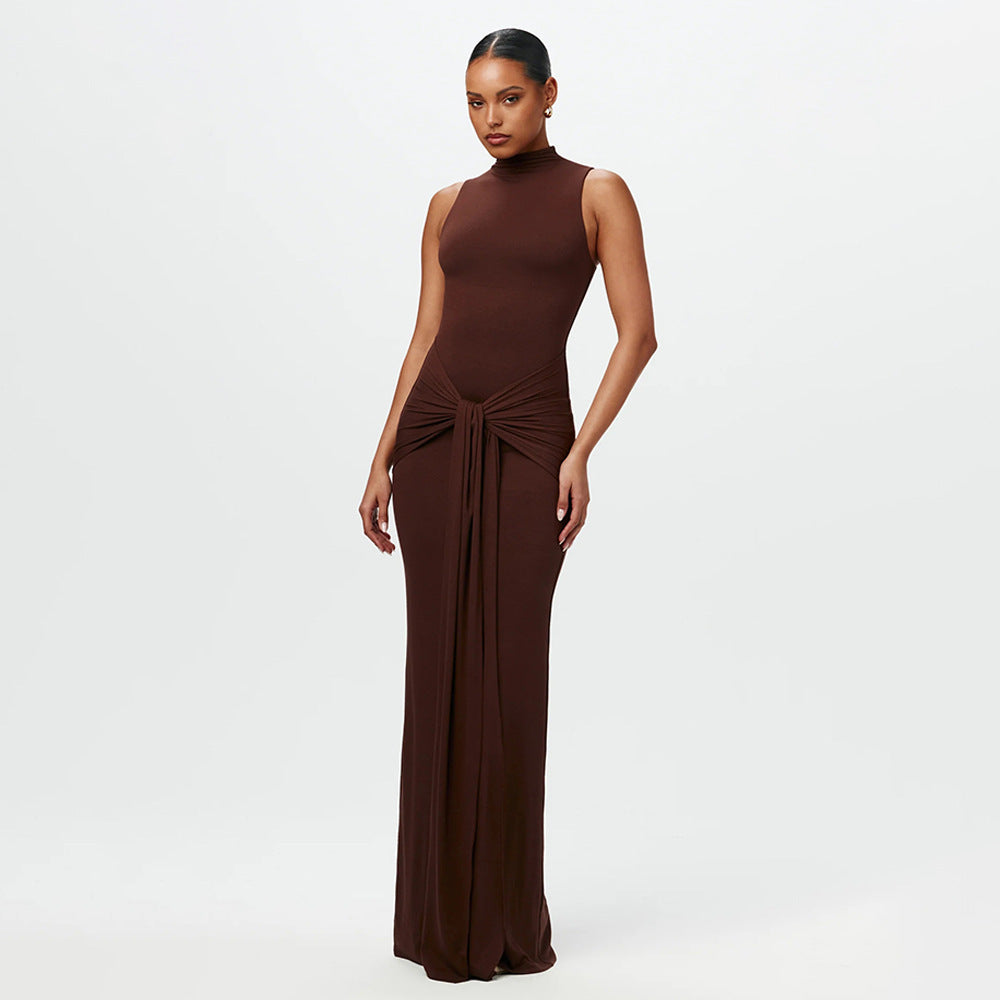 summer new european and american cross-border women's fashion solid color round neck sleeveless tie-up bodycon mini dress