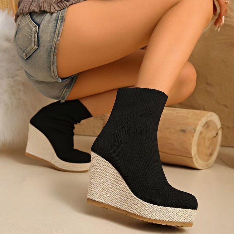 Plus size women's wedge heel boots: new autumn/winter collection - versatile, comfortable, stylish, retro, high-top, slim-fit, and stretchy