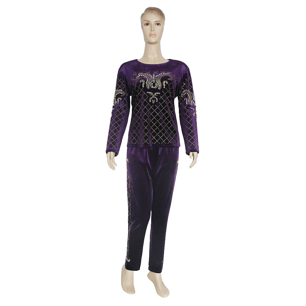 Amazon cross-border fashion casual set: beaded and rhinestone embellished african velvet long-sleeve t-shirt and slim-fit pants