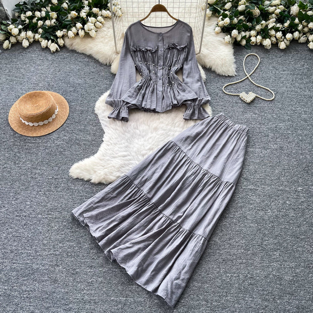 French chic slim-fit long sleeve shirt and midi skirt set - autumn workwear, figure-flattering, versatile two-piece
