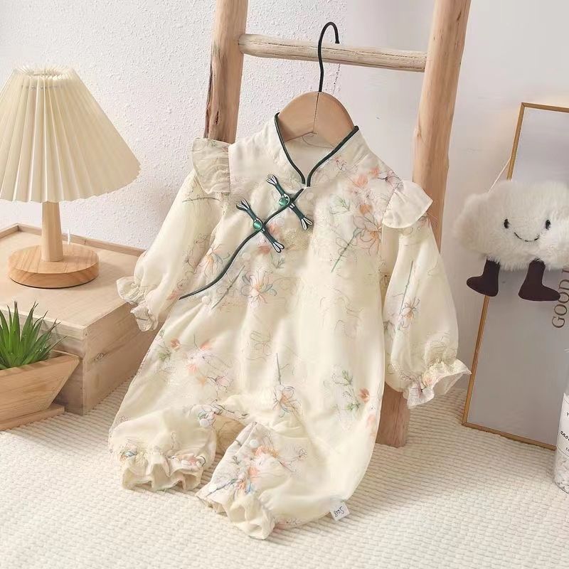 Chinese style outing clothes sweetcutecheongsam baby girl spring & fall jumpsuit baby spring clothes thin style khaki hundred days