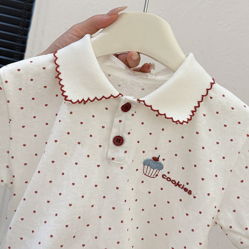 Summer new korean style girls' all-over print heart & dot t-shirt top - stylish & trendy kids' clothing for baby girls