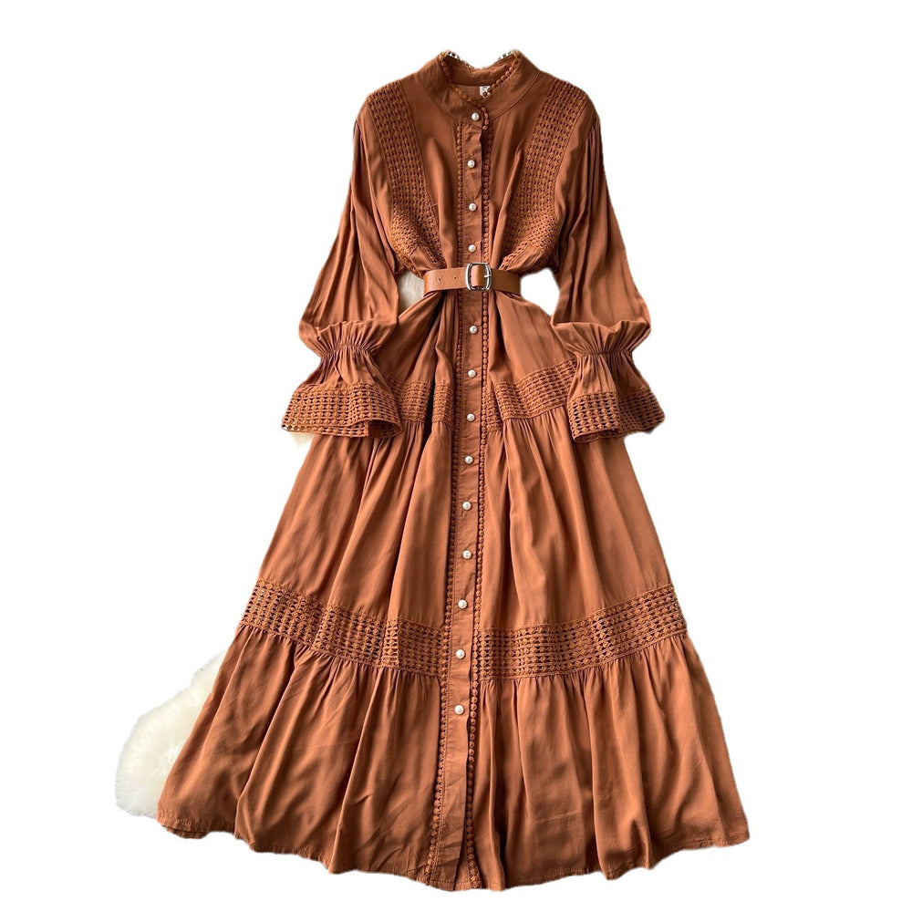 French court retroelegancedress women's stand collar bell sleeves waist single breasted lacepatchwork large swing long skirt