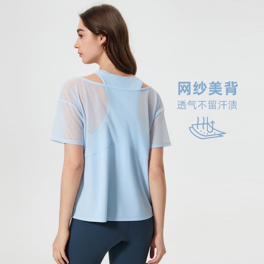 Women's loose-fit yoga top - short sleeve activewear t-shirt, running cover-up, faux two-piece design, quick-dry & breathable workout top d25040