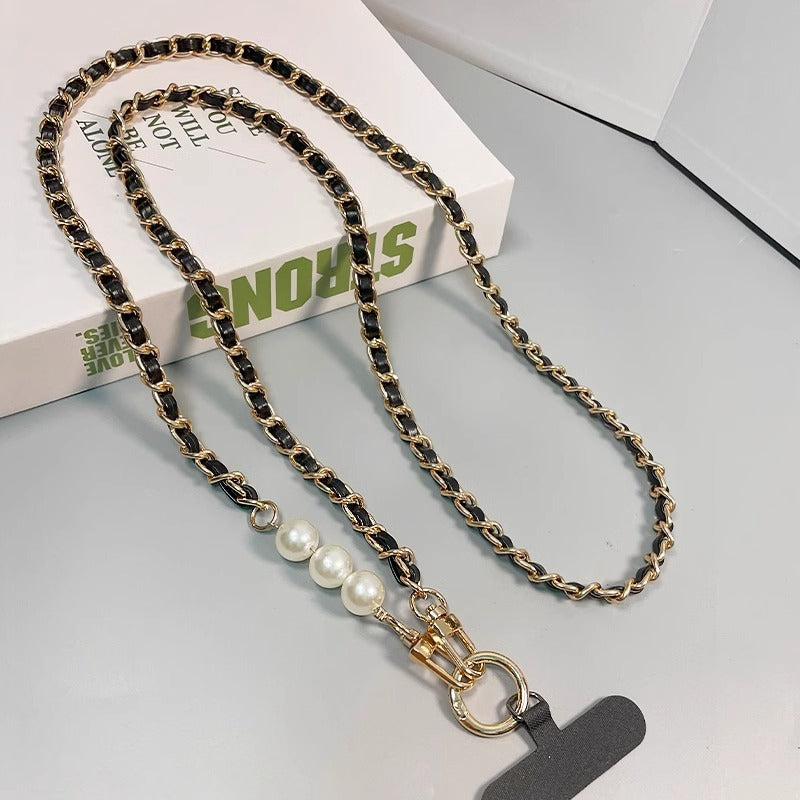 Mobile phone lanyard small fragrant pearl pickup chain long crossbody mobile phone hanging chain metal leather pendant bag chain