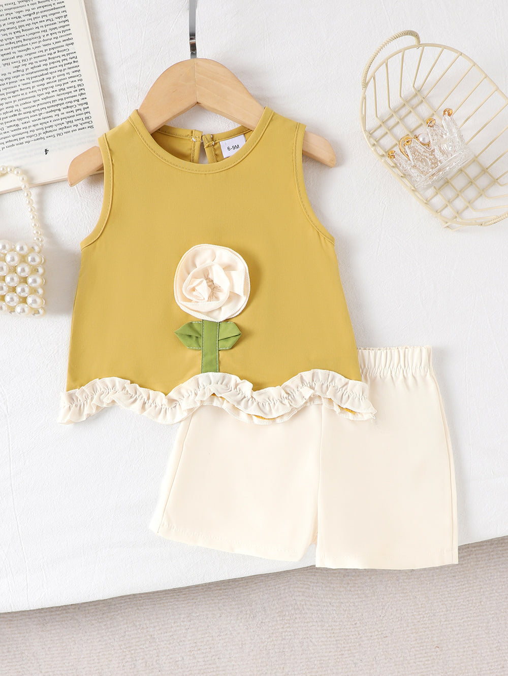 Girls'  summer new arrival: yellow 3d floral sleeveless high-end lace skirt and shorts two-piece set