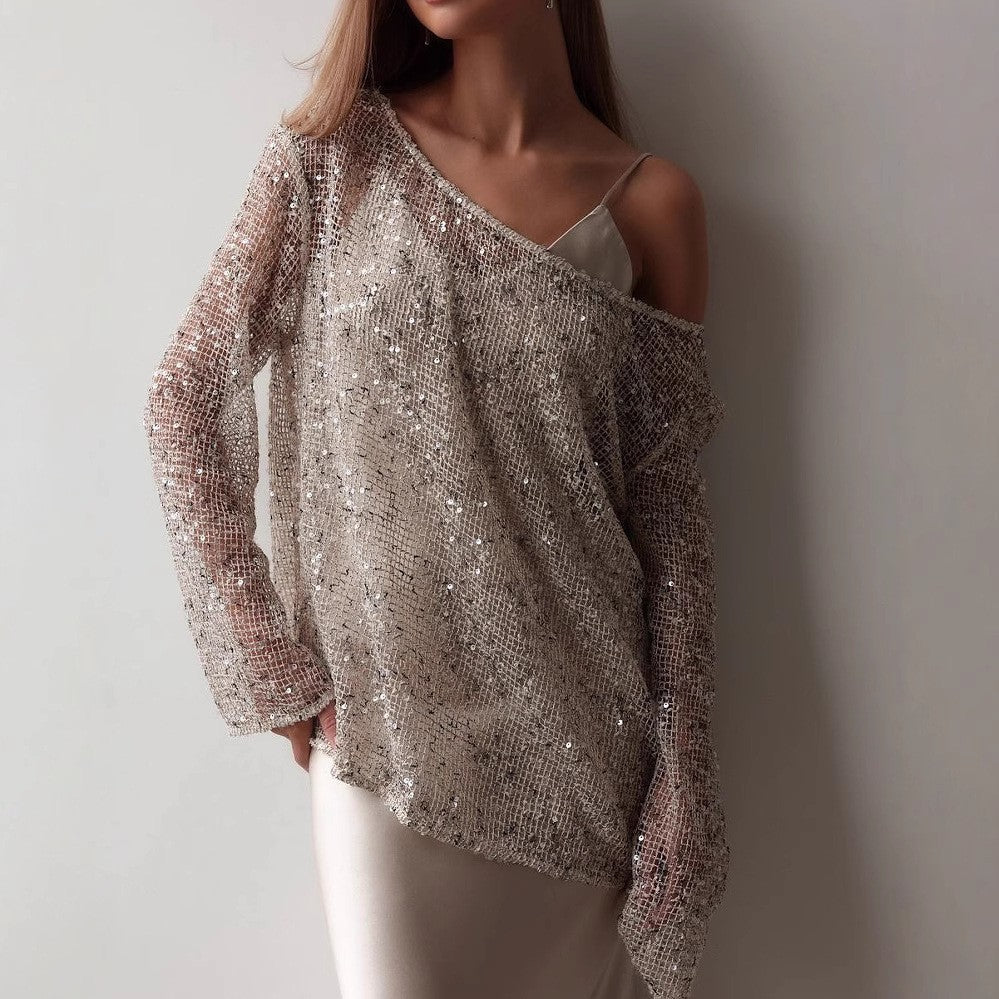 new european and american  style long-sleeve urban casual colorful hollow-out loose fit pullover sequin top for women