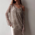 new european and american  style long-sleeve urban casual colorful hollow-out loose fit pullover sequin top for women