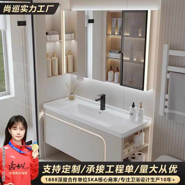 [Customized] Side storage bathroom cabinet ceramic integrated hand wash basin bathroom solid wood bathroom cabinet combination