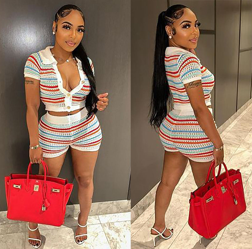 European and american cross-border women's clothing:  summer new street style sexy striped distressed breathable knit shorts set