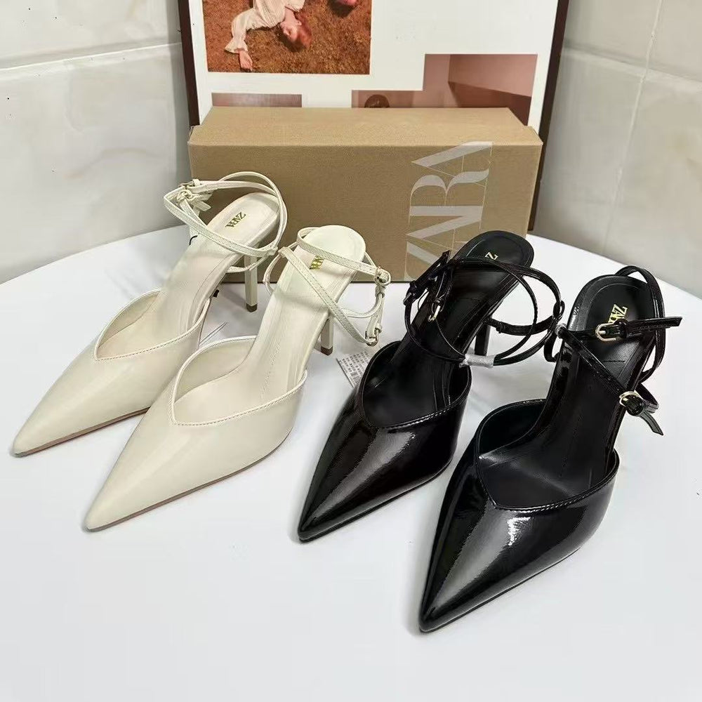 Za2025spring new product patent leather effect strap pointed toe high heel open heel stiletto mule shoes toe cap back hollow sandals