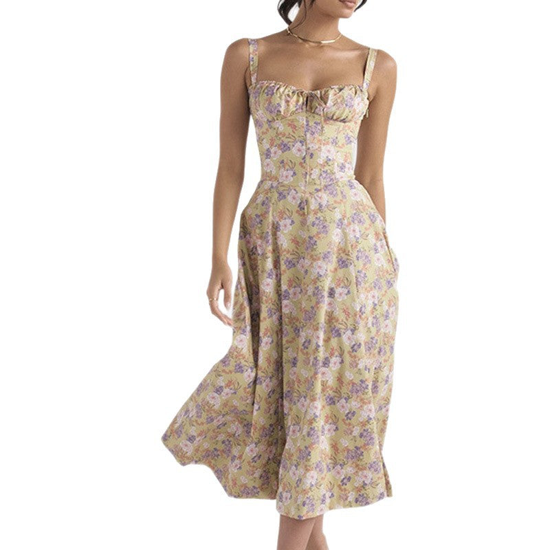 cross-border european and american women's clothing: new summer long dress - printed, cinched waist, sleeveless cami, sexy dress