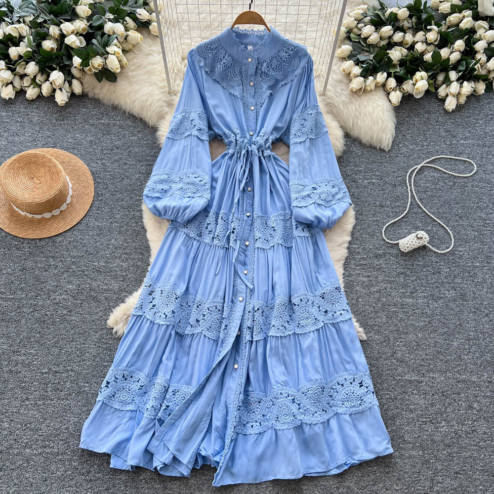 Frenchretrolacepatchworkcut outdress women's sweet strapslong sleeves waist tie backeleganceelegant long skirt