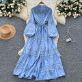 Frenchretrolacepatchworkcut outdress women's sweet strapslong sleeves waist tie backeleganceelegant long skirt