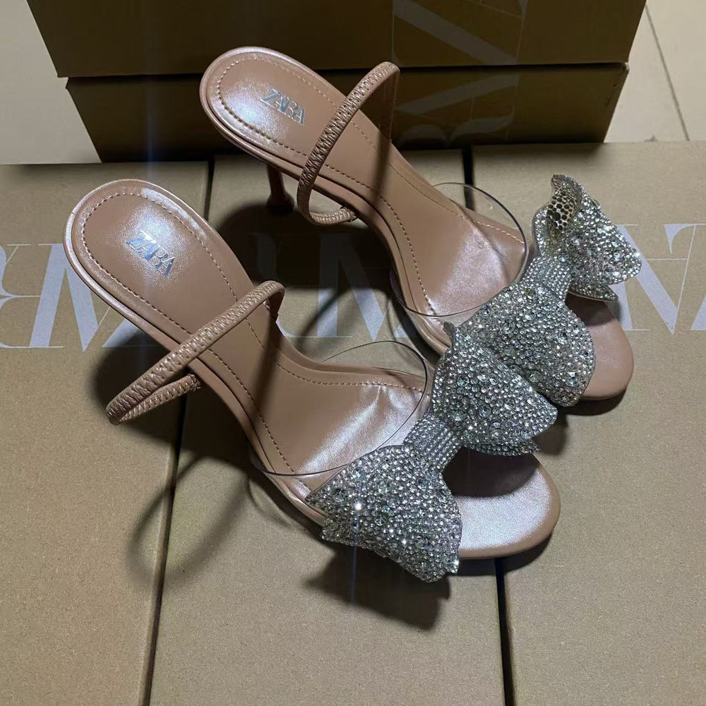 Za women's shoes 2025 new arrivals: versatile bow-tie round toe high heels, stiletto heels, slingback sandals with sequin detail