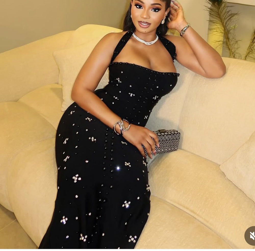 fashionnew arrivalelegant one-line collar halterdress hot diamond high slit hip-covering hot diamond beaded dress