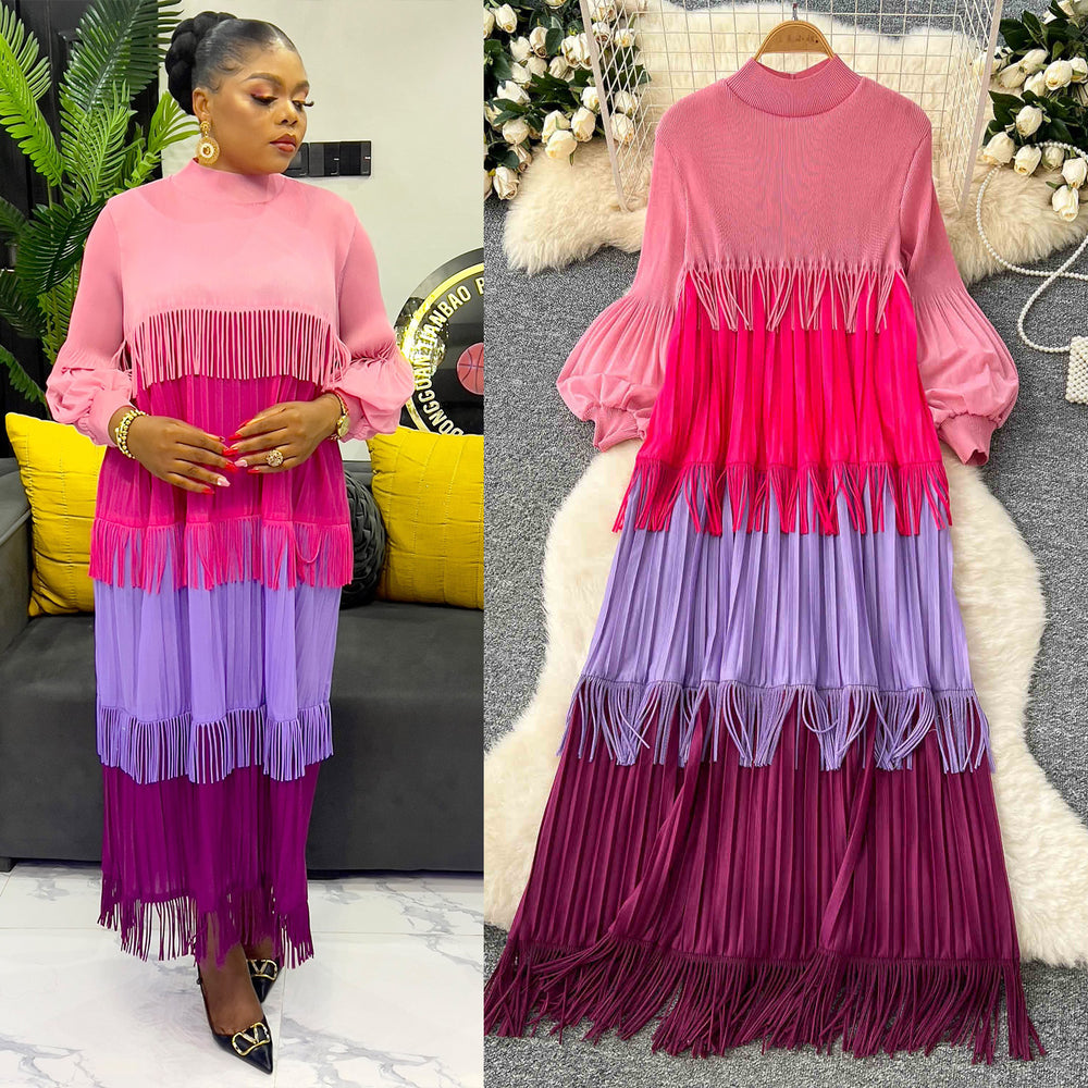 Miura european and american fashion dress women's  spring high-end lantern sleeve loose slimming color block tassel maxi dress