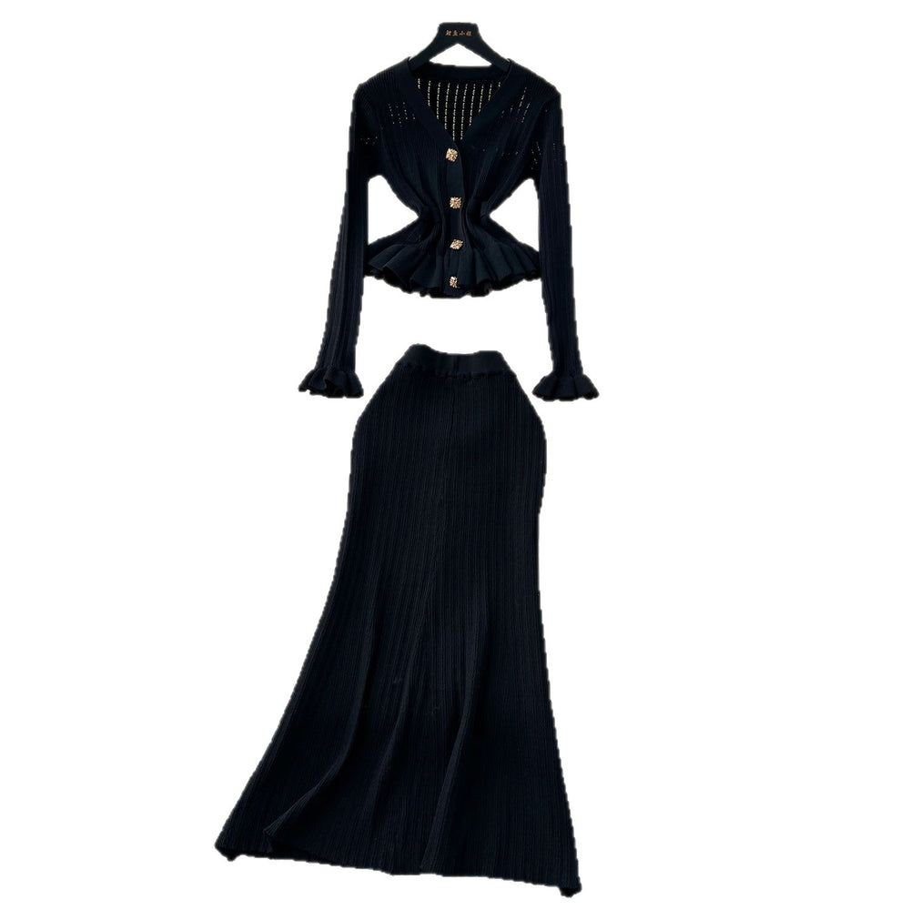 Xiaoxiangfengsuitfemalefall and winter celebrity classy sense waist lotus leaf hem knittingcardiganhigh waist hip skirt