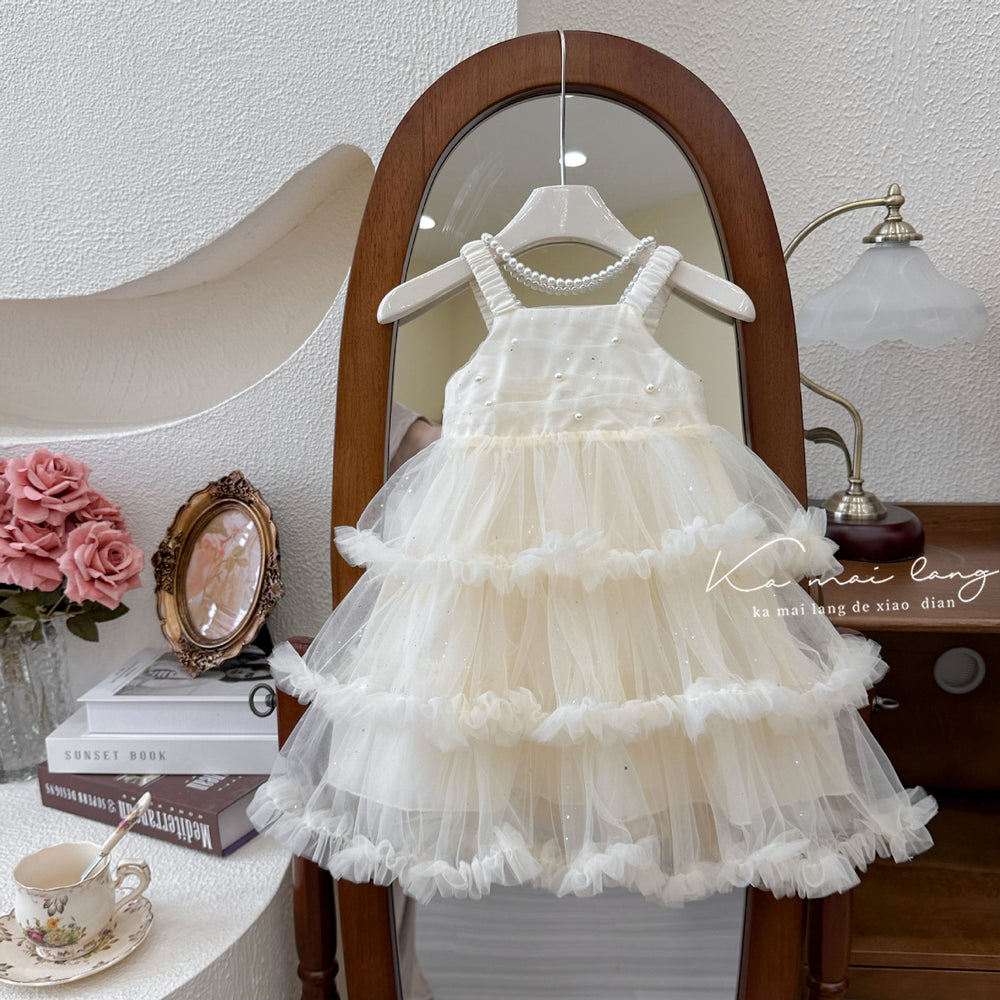 【custom wholesale】girls' dresses -  summer collection: korean style, chic princess dress with pearl accents, tutu skirt for baby girls