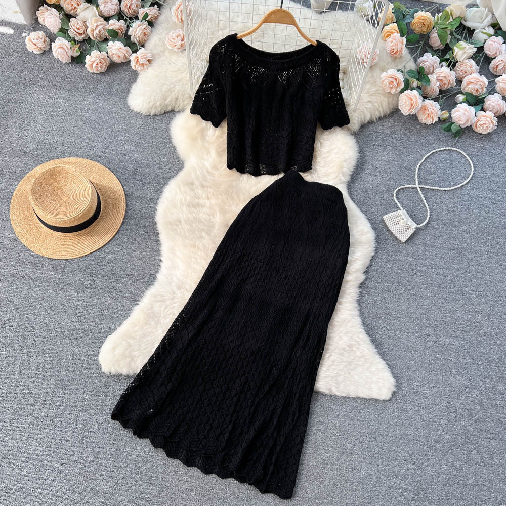 Korean ins style cut out crochet lace short-sleeved suit skirt women's shorttops+mermaid half length skirttwo-piece set trendy